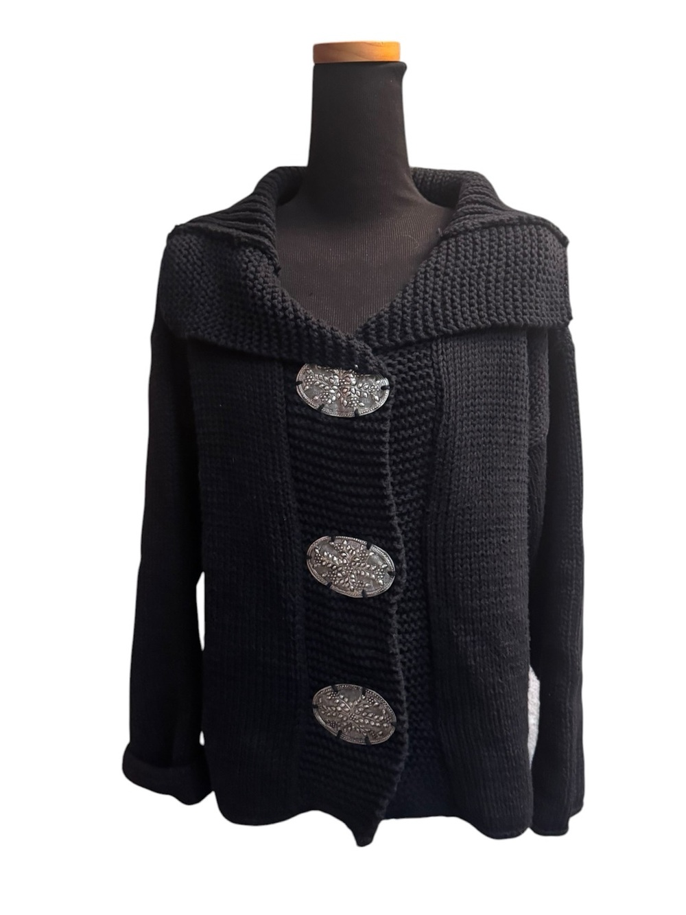 PURE HANDKNIT Cardigan Sweater Chunky Knit Cotton Silver Detail Snaps SZ M/L